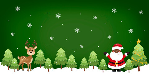 Christmas and New Year banner.  Black santa, deer, trees, stars, snow. African American Santa. Afro Santa.