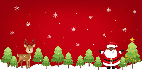 Christmas and New Year banner.  Black santa, deer, trees, stars, snow. African American Santa. Afro Santa.