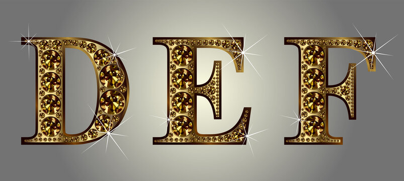 Diamond alphabet letters. Stunning beautiful DEF jewelry set in gems and silver. Vector eps10 illustration.