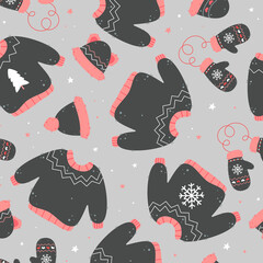 seamless winter pattern with hat, sweater and mittens