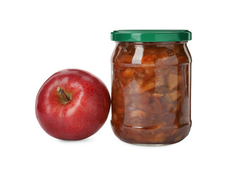 Tasty apple jam in glass jar and fresh fruit on white background