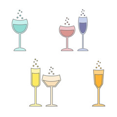 Six Glass Icons in Aqua, Pink, Blue, Yellow, Beige and Orange Colors with Bubbles. Glasses of Different Shapes. Flat Vector Illustration