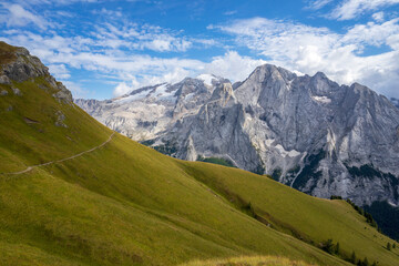 Fototapeta premium View of Marmolada from the Viel del Pan trail. Dolomites.