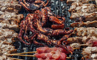 Close-up sea food beach barbeque at Nakupenda island, Zanzibar in Tanzania