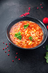 minestrone red tomato soup first dish meal snack on the table copy space food background rustic. top view keto or paleo diet veggie vegan or vegetarian food no meat
