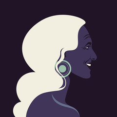 A profile of an elderly Latin American woman. A face of a happy grandmother. Side view. Avatar. Dark background. Vector flat Illustration