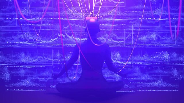 Woman in VR glasses trade cryptocurrency on DEX exchange in metaverse. Human interact with defi trading platform in virtual decentalized reality. Cyberpunk crypto. Loopable 3d render