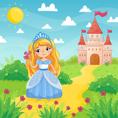 Obraz na płótnie Canvas Cute little girl and princess in a blue beautiful dress holding a bird on the background of a castle in a green meadow. Vector illustration in a cartoon style.