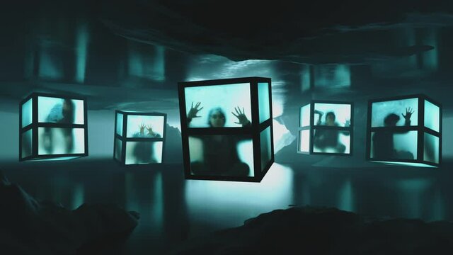 Young woman locked in a semi transparent floating box. Horizontal panning. Symbolic illustration of madness, social isolation, psychosis, despair or depression.