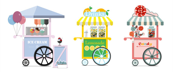 Set of vector candy cart, ice cream and lemonade carts. Vector flat illustration of a street fast food. Point of sale of ice cream, lemonade, Gelato and milkshakes. Cold desserts for children. Wooden