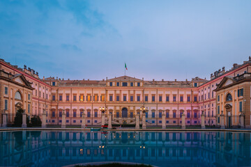 Fototapeta na wymiar The Royal Villa of Monza, a neoclassical style building illuminated at sunrise