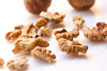 Whole and cracked walnuts on white background