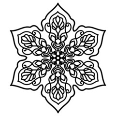 isolated floral ornament. ornate pattern. snowflake. black and white contour drawing by hand. template, coloring, embroidery, henna, tattoo, print.