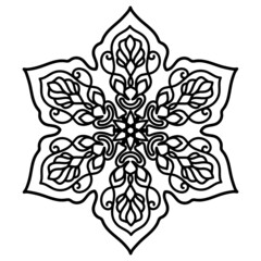 isolated floral ornament. ornate pattern. snowflake. black and white contour drawing by hand. template, coloring, embroidery, henna, tattoo, print.