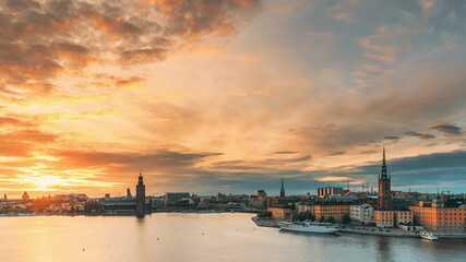 Stockholm, Sweden. Skyline Cityscape Famous View Of Old Town Gamla Stan In Summer Evening. Famous...
