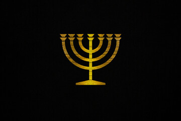 Golden Hebrew menorah jewish sacred symbol on a black canvas background, jewish candlestick, sacral eternal flame, israel