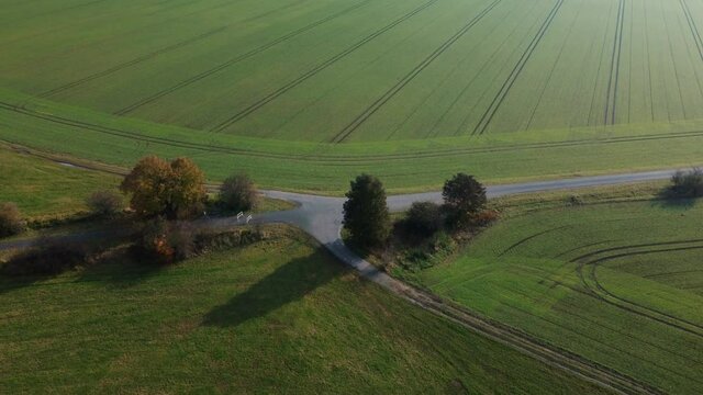 An aerial view of the vast agricultural field and road in Coburg Bavaria, Germany