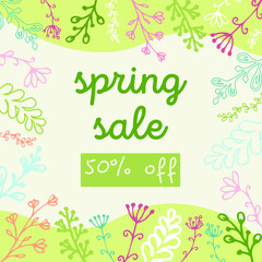 The message on the social network in green is decorated with a floral ornament and the inscription "Spring Sale"