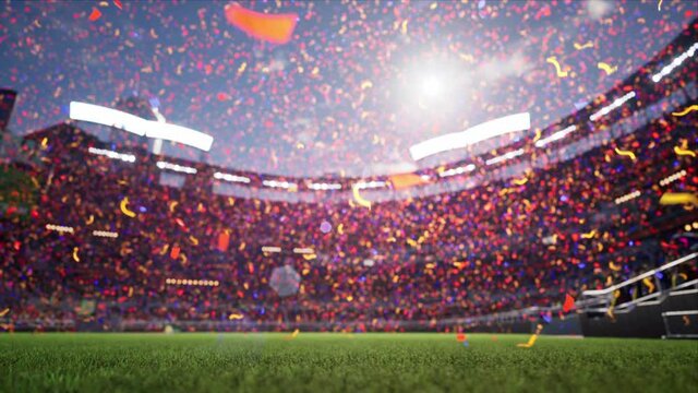 empty stadium arena celebration a victory by strewn with confetti with animated fans crowd in the sunny day lights. High quality 4k footage