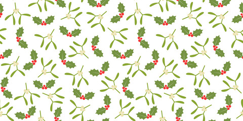 Seamless pattern of holly berries and mistletoe on a white background. Symbols Christmas and Happy New Year, retro style vector illustration.
