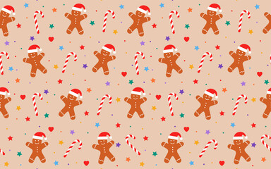 Vector seamless Christmas pattern, gingerbread man, candy cane, stars, heart, snowflaces Design for gift wrapping paper, fabric, clothes, textile, surface textures, scrapbook, wallpaper.