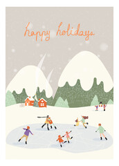 Fototapeta na wymiar Vector illustration of a Christmas winter greeting postcard.Green color of winter mountain countryside landscape with people happy outdoor,skating,pine tree and snowman.Happy holidays