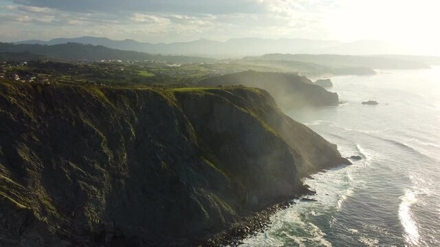 Barrika, the Basque Country, Spain. The drone flight over the rocky bay of the Atlantic ocean.