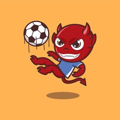 cute cartoon devil playing soccer. vector illustration for mascot logo or sticker