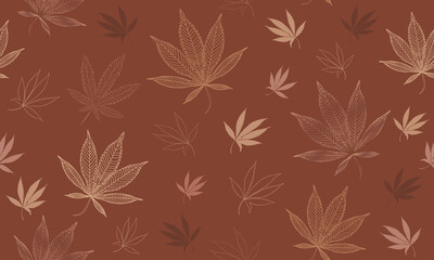 Fototapeta na wymiar Vector Seamless Marijuana, Cbd, Weed Beige, Brown, Modern Pattern with the Hand Drawn Contours of Leaves. Earth tone, Neutral Design.
