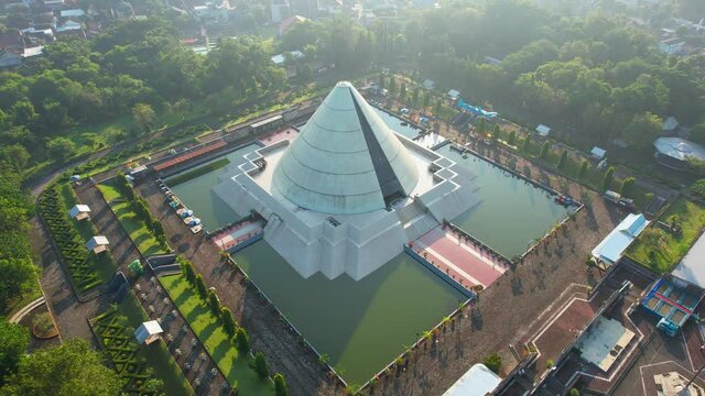 Aerial view of Monument to the Recapture of Yogyakarta. Historical Building in a Cone Shape. Monjali or Monumen Jogja Kembali. Central Java, Indonesia, November 11, 2021