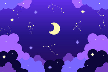 Night sky with constellations in flat style. Vector illustration