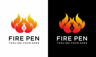 pen fire vector logo design.flame, icon, symbol. on a black and white background.