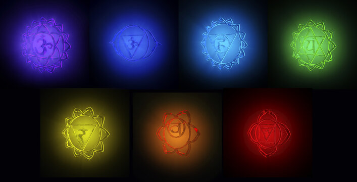 3d illustration of luminous translucent chakra symbols for concentration of the mind