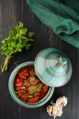Beef goulash with vegetables top view. Traditional Hungarian goulash soup with stew and paprika