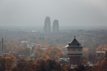 Panorama of autumn Prague from the sky