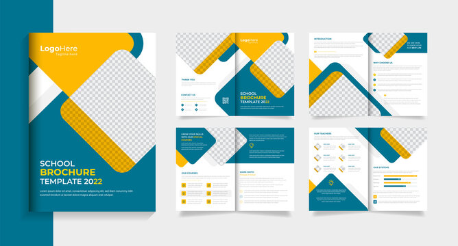 School education brochure design template layout for teaching, learning purpose with creative shapes vector