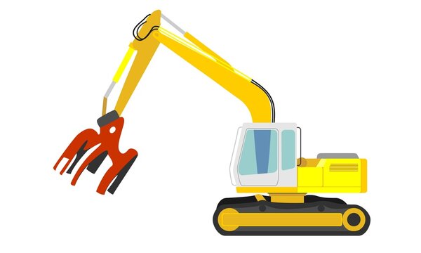 Yellow excavator and shovel vector illustration