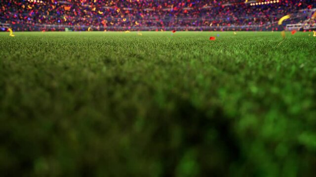 empty stadium arena celebration a victory by strewn with confetti with animated fans crowd in the sunny day lights. High quality 4k footage