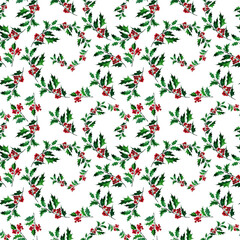 Watercolor seamless pattern with holly plant