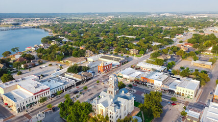Aerial view Hood County Courthouse near Lake Granbury with unique boutique shops, restaurant in Texas, USA