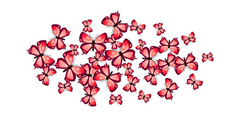 Tropical red butterflies isolated vector wallpaper. Spring funny moths. Detailed butterflies isolated kids illustration. Delicate wings insects graphic design. Tropical beings.