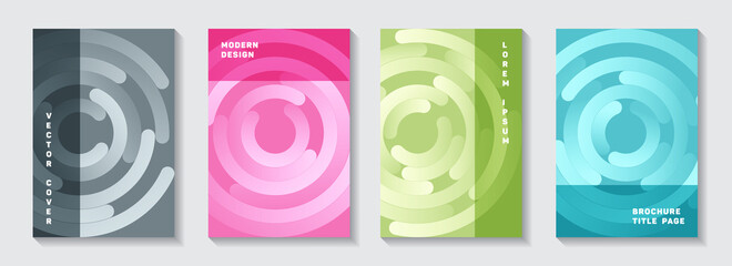 Promotional booklet title pages set. Flat newsletter circles swirl vector backgrounds. Aim goal
