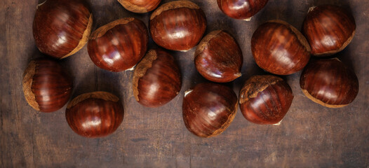 Chestnuts on on an old board with copy space. Autumn fall concept. Horse chestnuts top view.