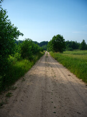 Fototapeta premium gravel country road in summer green fields