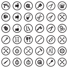 Repairman Icons. Black Flat Design In Circle. Vector Illustration.