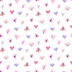 Valentine's day flower seamless pattern.  Spring Love day romantic graphics. Watercolor pink pastel graphics. Vintage style illustrations