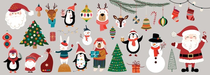 Christmas big collection with traditional elements, winter seasonal design - obrazy, fototapety, plakaty
