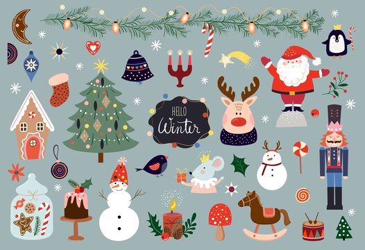 Christmas elements collection, different funny characters, winter design