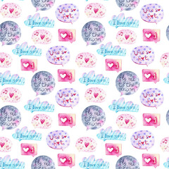 Watercolor speech bubble seamless pattern. Valentine day background. I love you graphics. Romantic vintage drawing