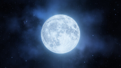 Representation of the full moon on a background of nebulae and stars. Digital illustration. 3D Rendering